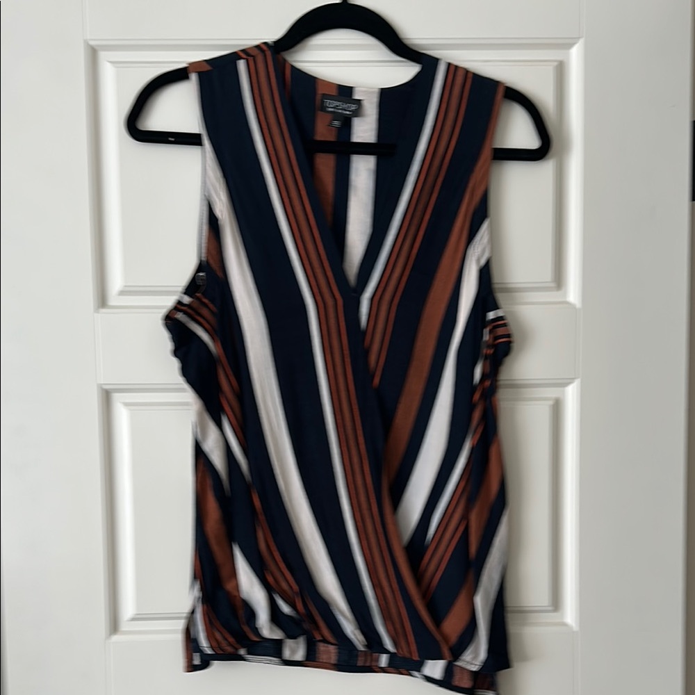 Topshop Navy, Browns and White Sleeveless Wrap Blouse